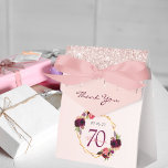 70th Birthday burgundy florals rose gold glitter Favor Box<br><div class="desc">Elegant and glamourous for a 70th birthday party. On front flap: burgundy letters and the text: Thank You. Front and back: A rose gold gradient background with a faux gold geometric frame. Decorated with dark purple and burgundy flowers, roses and boho style feathers and rose gold faux glitter drips, paint...</div>