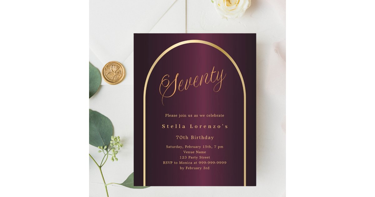 70th birthday burgundy gold arch script invitation | Zazzle