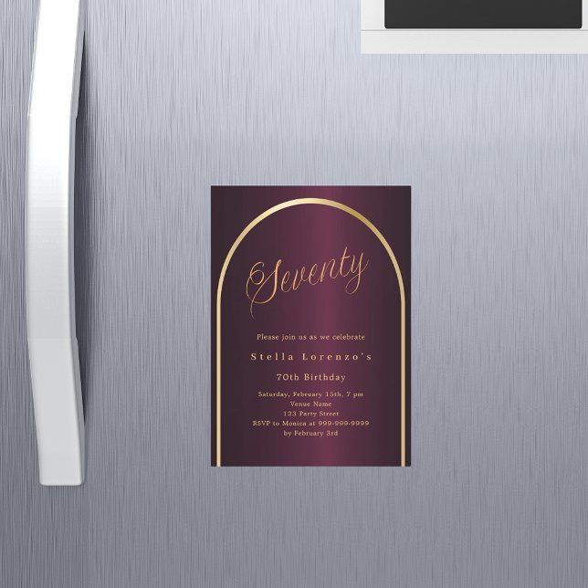 70th birthday burgundy gold arch script luxury magnetic invitation (Creator Uploaded)