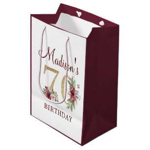 70th Birthday Burgundy Gold Floral personalized Medium Gift Bag