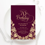 70th Birthday Burgundy Gold Roses Invitation<br><div class="desc">Burgundy gold elegant 70th birthday party invitation. Classy design featuring roses,  faux gold foil and typography script font. Trendy invite card perfect for a stylish female bday celebration. Personalize with your own details. Can be customized to any age. Printed Zazzle invitations or instant download digital printable template.</div>