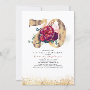 70th Birthday Burgundy Red and Gold Glitter Invitation