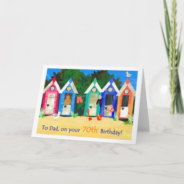 70th Birthday Card for Father - Beach Huts (Front)
