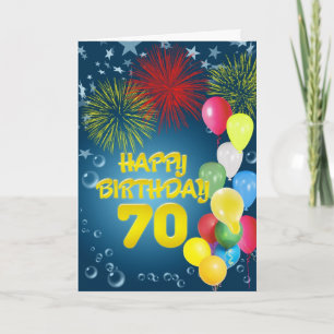 70th Birthday card with fireworks and balloons