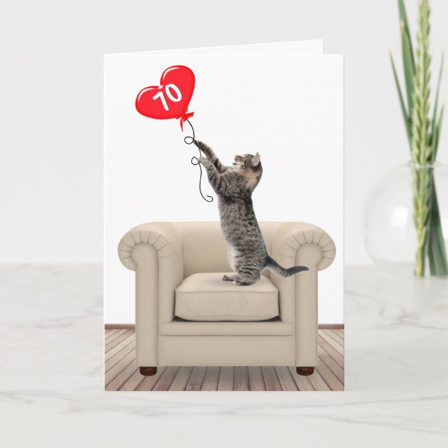 70th Birthday Cat With Heart Balloon Card (Front)
