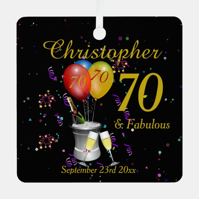 70th Birthday Celebration Black Metal Ornament (Front)