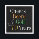 70th Birthday Cheers and Beers Golf Black and Gold Napkin<br><div class="desc">This is a cool and modern, 70th birthday, golf party design. It is a simple, minimal design, in classic black and gold typography with pops of orange and green. Perfect for a cool and fun, golf and beer themed, 70th birthday party. This design is fully customizable, simply use the personalize...</div>