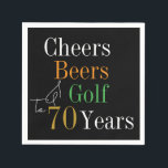70th Birthday Cheers and Beers Golf Black and Gold Napkin<br><div class="desc">This is a cool and modern, 70th birthday, golf party design. It is a simple, minimal design, in classic black and gold typography with pops of orange and green. Perfect for a cool and fun, golf and beer themed, 70th birthday party. This design is fully customizable, simply use the personalize...</div>