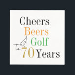 70th Birthday Cheers and Beers Golf Minimal Napkin<br><div class="desc">This is a cool and modern, 70th birthday, golf party design. It is a simple, minimal design, in classic black and white with pops of gold, orange and green typography. Perfect for a cool and fun, golf and beer themed, 70th birthday party. This design is fully customizable, simply use the...</div>