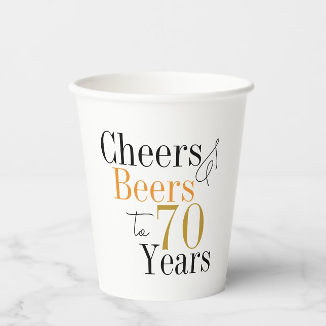 70th Birthday Cheers and Beers Minimal Party Paper Cups (Front)