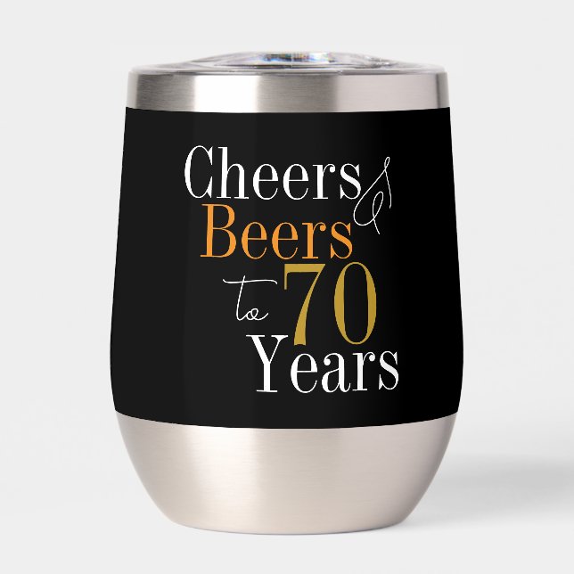 70th Birthday Cheers Beers Black Gold Party Favour (Front)