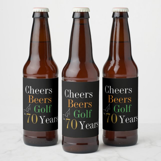 70th Birthday Cheers Beers Golf Black Gold Party Beer Bottle Label (Bottles)