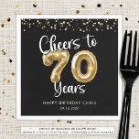 70th Birthday Cheers to 70 Years Black Gold Napkin<br><div class="desc">Celebrate a 70th birthday for him or her with these modern and festive personalized party paper napkins featuring the title CHEERS TO 70 YEARS with faux metallic gold balloon numbers and script typography, gold confetti and your custom text in your choice of background colour (shown in black). ASSISTANCE: For help...</div>