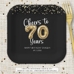 70th Birthday Cheers to 70 Years Black Gold Paper Paper Plate<br><div class="desc">Celebrate a 70th birthday for him or her with these modern and festive personalized party paper plates featuring the title CHEERS TO 70 YEARS with faux metallic gold balloon numbers and script typography, gold confetti and your custom text in your choice of background colour (shown in black). ASSISTANCE: For help...</div>