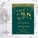 70th Birthday - Cheers To 70 Years Emerald Green Invitation<br><div class="desc">70th Birthday Invitation. Cheers To 70 Years! Elegant design in emerald green and gold. Features champagne glasses,  script font and confetti. Perfect for a stylish seventieth birthday party. Personalize with your own details. Can be customized to show any age.</div>