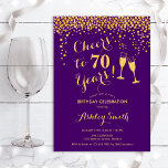 70th Birthday - Cheers To 70 Years Gold Purple Invitation<br><div class="desc">70th Birthday Invitation. Cheers To 70 Years! Elegant design in purple and gold. Features champagne glasses,  script font and confetti. Perfect for a stylish seventieth birthday party. Personalize with your own details. Can be customized to show any age.</div>