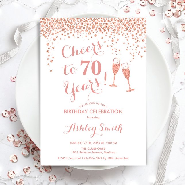 70th Birthday - Cheers To 70 Years Rose Gold White Invitation (Creator Uploaded)