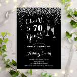 70th Birthday - Cheers To 70 Years Silver Black Invitation<br><div class="desc">70th Birthday Invitation. Cheers To 70 Years! Elegant design in black,  white and silver. Features champagne glasses,  script font and confetti. Perfect for a stylish seventieth birthday party. Personalize with your own details. Can be customized to show any age.</div>