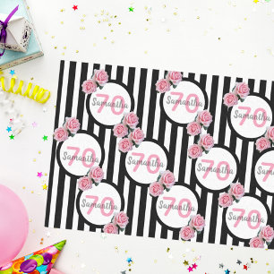 70th birthday chic pink roses black white stripes tissue paper