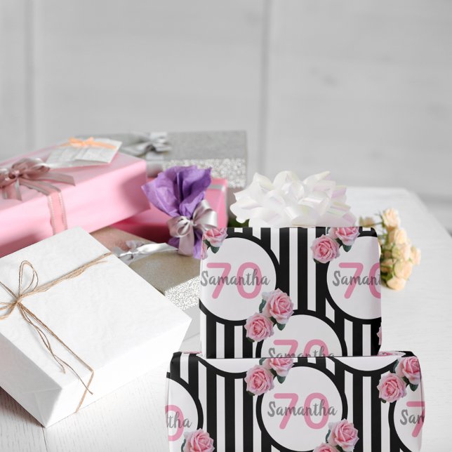 70th birthday chic pink roses black white stripes wrapping paper (Creator Uploaded)