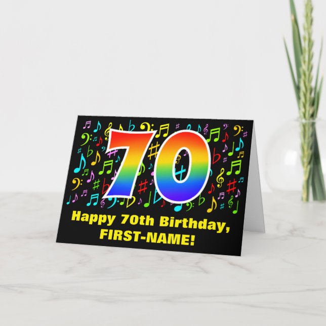 70th Birthday: Colorful Music Symbols & Rainbow 70 Card (Front)