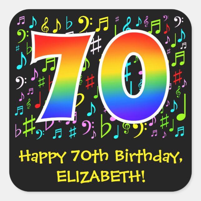 70th Birthday: Colourful Music Symbols, Rainbow 70 Square Sticker (Front)