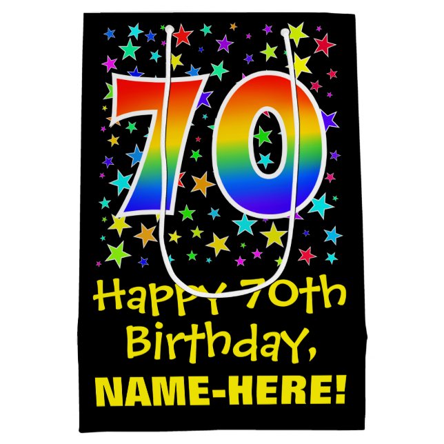 70th Birthday: Colourful Stars Pattern & Rainbow 7 Medium Gift Bag (Back)