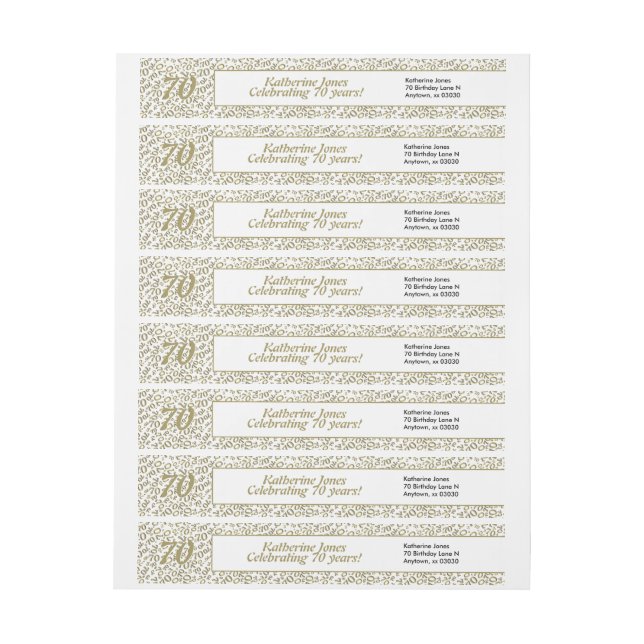 70th Birthday Cool Number Pattern, Gold and White Wrap Around Label (Sheet)