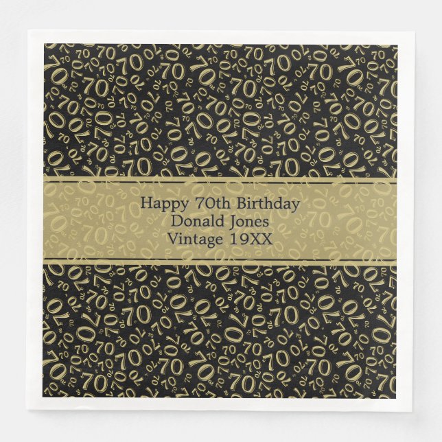 70th Birthday Cool Number Pattern Gold/Black Napkin (Front)