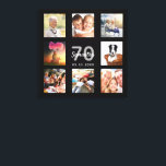 70th birthday custom photo collage black monogram canvas print<br><div class="desc">A unique 70th birthday gift or keepsake, celebrating her life with a collage of 8 of your photos. Add images of her family, friends, pets, hobbies or dream travel destination. Personalize and add a name, age 70 and a date. Grey and white coloured letters. A chic black background. This canvas...</div>