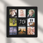 70th birthday custom photo collage family black<br><div class="desc">A wall clock as a gift for a 70th birthday for a guy,  celebrating his life with a collage of 8 of your own photos.  Personalize and add age 70,  and a date.  Date of birth or the date of the anniversary.  White colored letters.  Black background.</div>