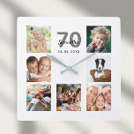 70th birthday custom photo collage family square wall clock<br><div class="desc">A wall clock as a gift for a 70th birthday for a woman, celebrating her life with a collage of 7 of your photos. Personalize and add a name, age 70 and a date. Date of birth or the date of the anniversary. Black and gray colored letters. A chic white...</div>