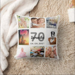 70th birthday custom photo collage woman white throw pillow<br><div class="desc">A unique gift for a womans 70th birthday, celebrating her life with a collage of 8 of your own photos, pictures. Personalize and add her name, age 70 and a date. A chic white background. Grey and black letters and numbers. The name is written with a modern hand lettered style...</div>