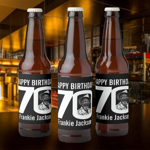 70th Birthday custom photo name black white Beer Bottle Label