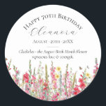 70th Birthday Custom Sticker August Birth Flower<br><div class="desc">Perfect personalized sticker for an August birthday party. Pink gladiolus is the birth flower for that month. It forms a pretty watercolor bottom border on this floral personalized birthday sticker. The birthday guest of honour's name, age and birthdate are placed above it using elegant calligraphy and typography. All text is...</div>