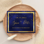 70th birthday dark blue gold save the date postcard<br><div class="desc">A Save the Date card for a 70th birthday party for a guy, man, male. A dark blue background decorated with golden confetti and a faux gold and black frame. The blue colour is uneven. Templates for a date and name/age 70. Golden coloured letters. The text: Save the Date is...</div>