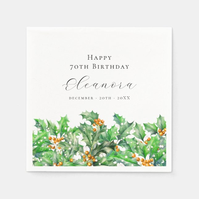 70th Birthday December Birth Flower Holly Custom Napkin (Front)