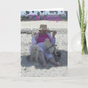 70th birthday, dogs, beach card. card