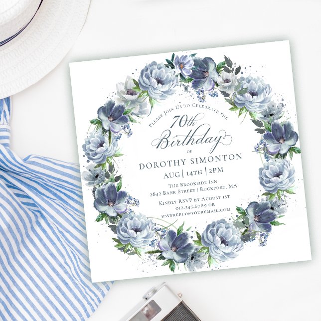 70th Birthday Dusty Blue Flower Wreath Invitation (Creator Uploaded)