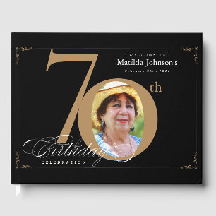 70th Birthday Elegant Black Gold Calligraphy Guest Book