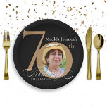 70th Birthday Elegant Black Gold Calligraphy Photo Paper Plate<br><div class="desc">70th Birthday Elegant Black Gold Calligraphy Photo Paper Plate. And elegantly designed special birthday celebration invitation,  featuring a custom photo of birthday person and script calligraphy with vintage flourish elements. Simple enough to fit a variety of themes and colors!
Need help? Simply contact me!</div>