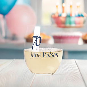 70th Birthday Elegant Navy Modern Script Stemless Wine Glass