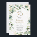 70th Birthday Eucalyptus Card Request<br><div class="desc">This exquisite, watercolor eucalyptus with gold leaf embellishments and gold splattered dots 70th birthday party invitation with card request is perfect for celebrating your wife, mom, sister, aunt, friend, grandmother. It's soft flowy design is modern yet traditional. The back has a beautifully worded request for a card and a coordinating...</div>