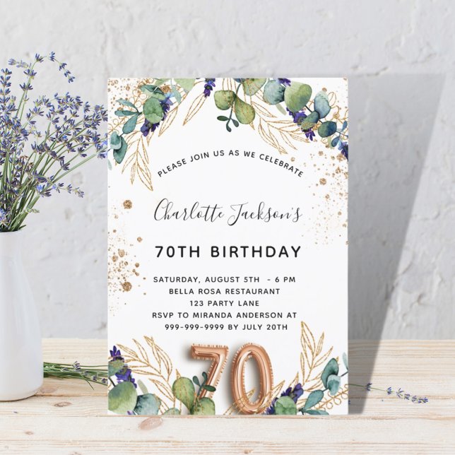 70th birthday eucalyptus greenery glitter elegant invitation (Creator Uploaded)