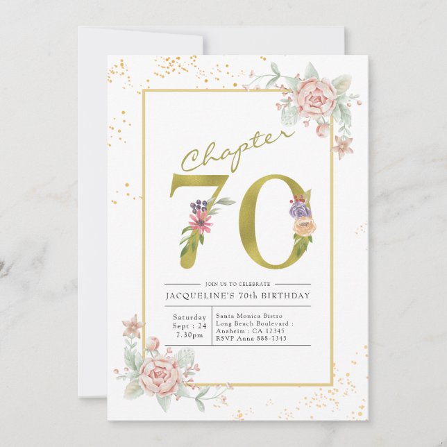 70th Birthday Floral Gold Script Invitation (Front)