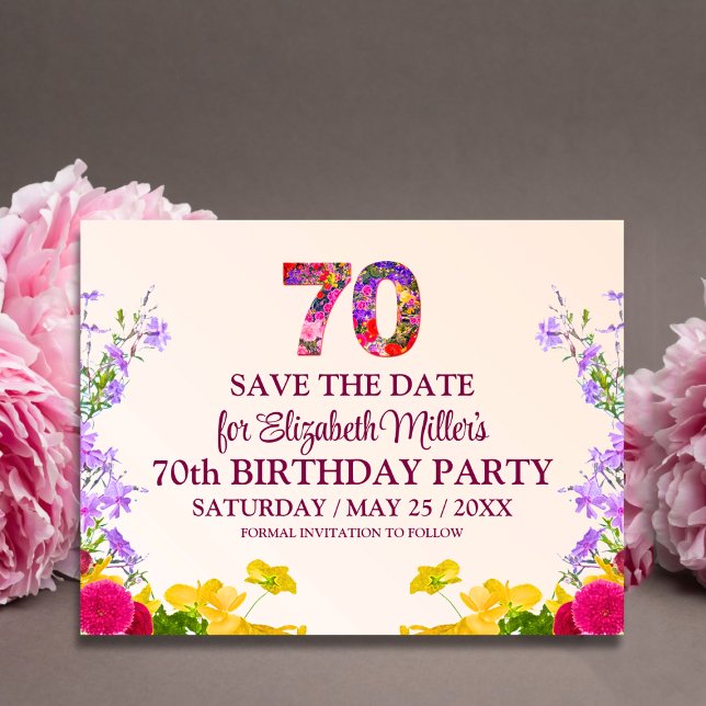 70th birthday floral modern 70 years party announcement postcard (Creator Uploaded)
