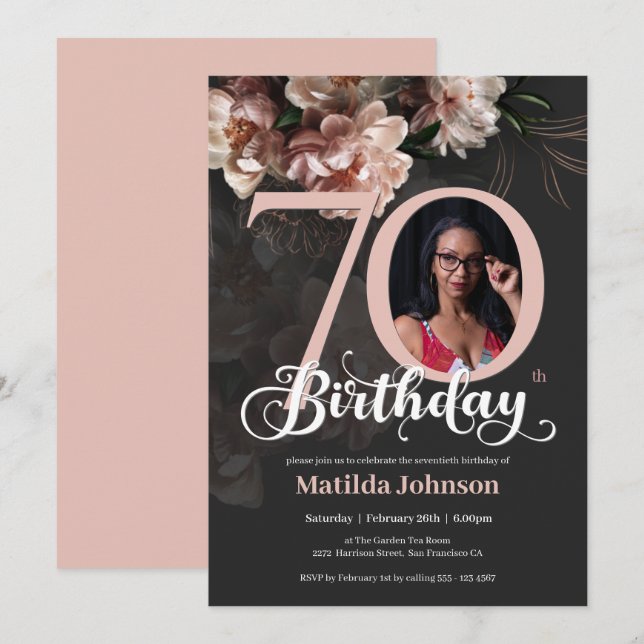 70th Birthday Floral Pink Elegant Custom Photo Invitation (Front/Back)