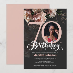 70th Birthday Floral Pink Elegant Custom Photo Invitation