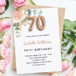 70th birthday floral rose gold eucalyptus greenery invitation<br><div class="desc">An elegant invitation for a 70th birthday party. A chic white background. Decorated with a rose gold and blush pink watercolored rose flower, floral, green eucalyptus leaves, sprigs, greenery and faux gold sprigs. Personalize and the name and party details. Black and golden letters. The name is written with a modern...</div>