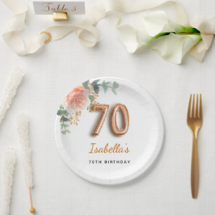 70th birthday floral rose gold eucalyptus monogram paper plate